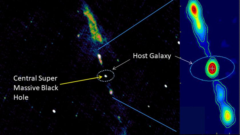 The giant radio jets stretching around 5 million light-years across and an enormous supermassive black hole at the heart of a spiral galaxy.