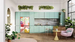 Image shows one of the bespoke Samsung four-door fridges in a kitchen with light green cabinetry.