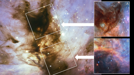 This collage of images from the Flame Nebula shows a near-infrared light view from NASA’s Hubble Space Telescope on the left, while the two insets at the right show the near-infrared view taken by NASA’s James Webb Space Telescope.