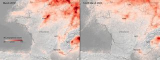 Nitrogen dioxide emissions over France compared between a 10-day period this month and the monthly average of March 2019.