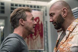 (L-R) Edward Norton as Miles, and Dave Bautista as Duke in Glass Onion: A Knives Out Mystery