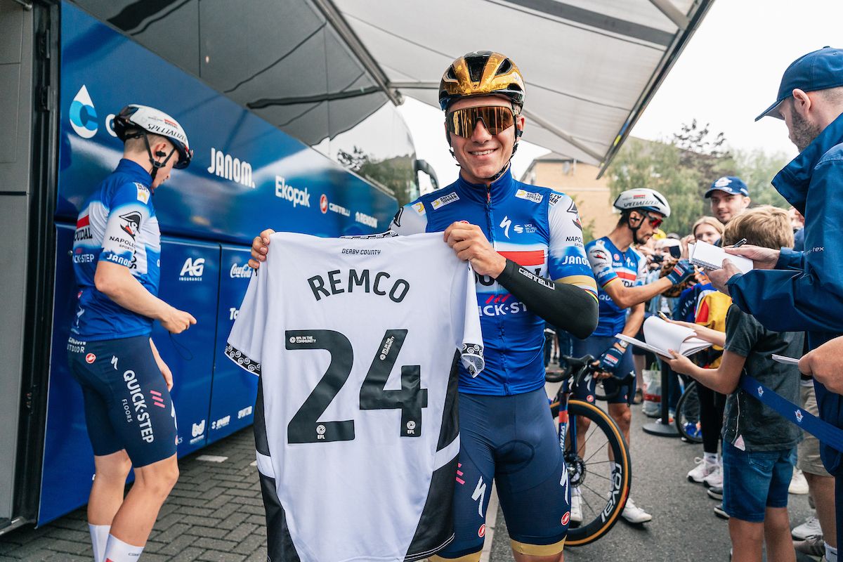 Picture by Elliot KeenBritish Cyclingvia SWpixcom 07092024 Lloyds Bank Tour of Britain 2024 Stage 5 The West Northamptonshire Stage Northampton to Northampton Remco Evenepoel Soudal QuickStep with a Derby County Shirt with his name on it