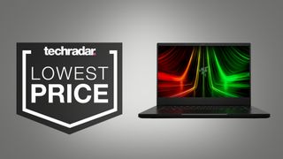 Razer Blade 14 on grey background with lowest price text