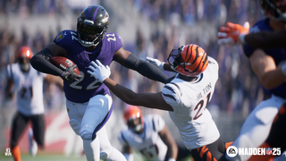 Madden 25 screenshot - Ravens player with ball stiffarms Bengals defender