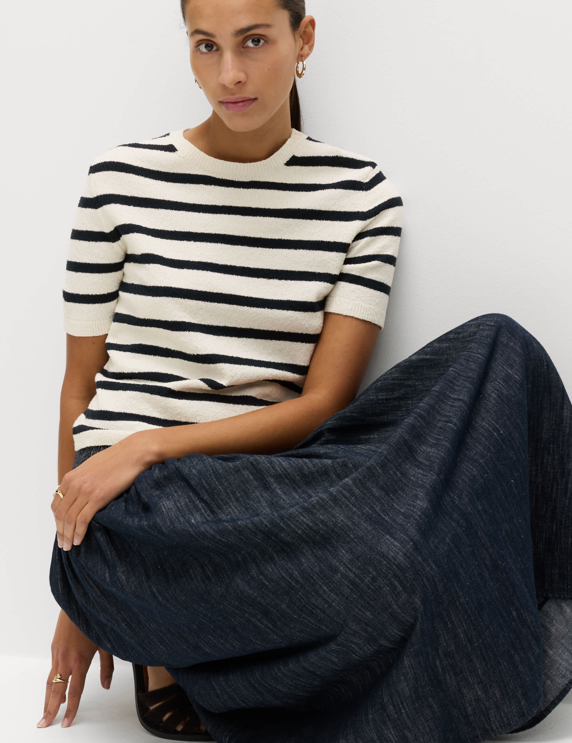 Cotton Rich Striped Boucl&amp;eacute; Knitted Top