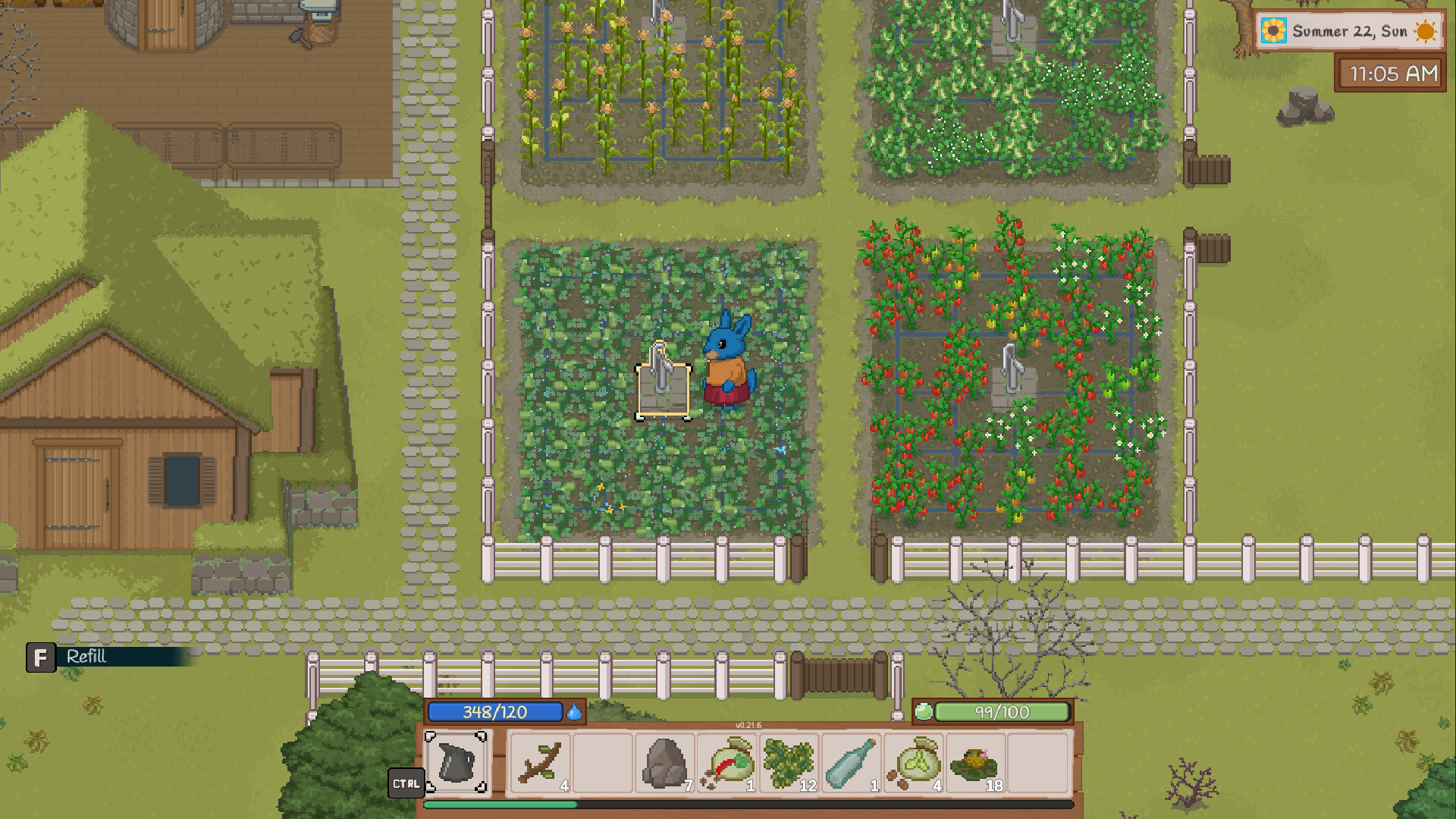 A blue bunny watering a field of crops during one of the best farming games, Grimshire.