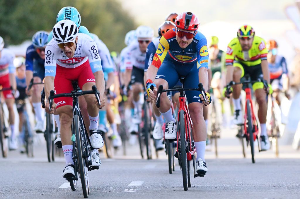 CANALS SPAIN FEBRUARY 01 Simone Consonni of Italy and Team Lidl Trek crosses the finish line during the to the 75th Volta a la Comunitat Valenciana 2024 Stage 2 a 1627km stage from Canals to Mancom de la Valldigna on February 01 2024 in Canals Spain Photo by Dario BelingheriGetty Images