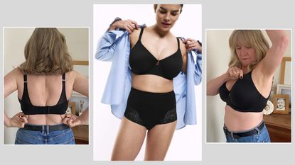 Model wearing M&S bra, Julie Player testing M&S bra