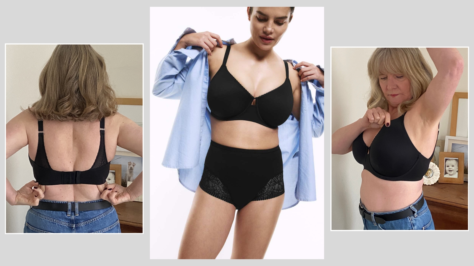Model wearing M&amp;S bra, Julie Player testing M&amp;S bra