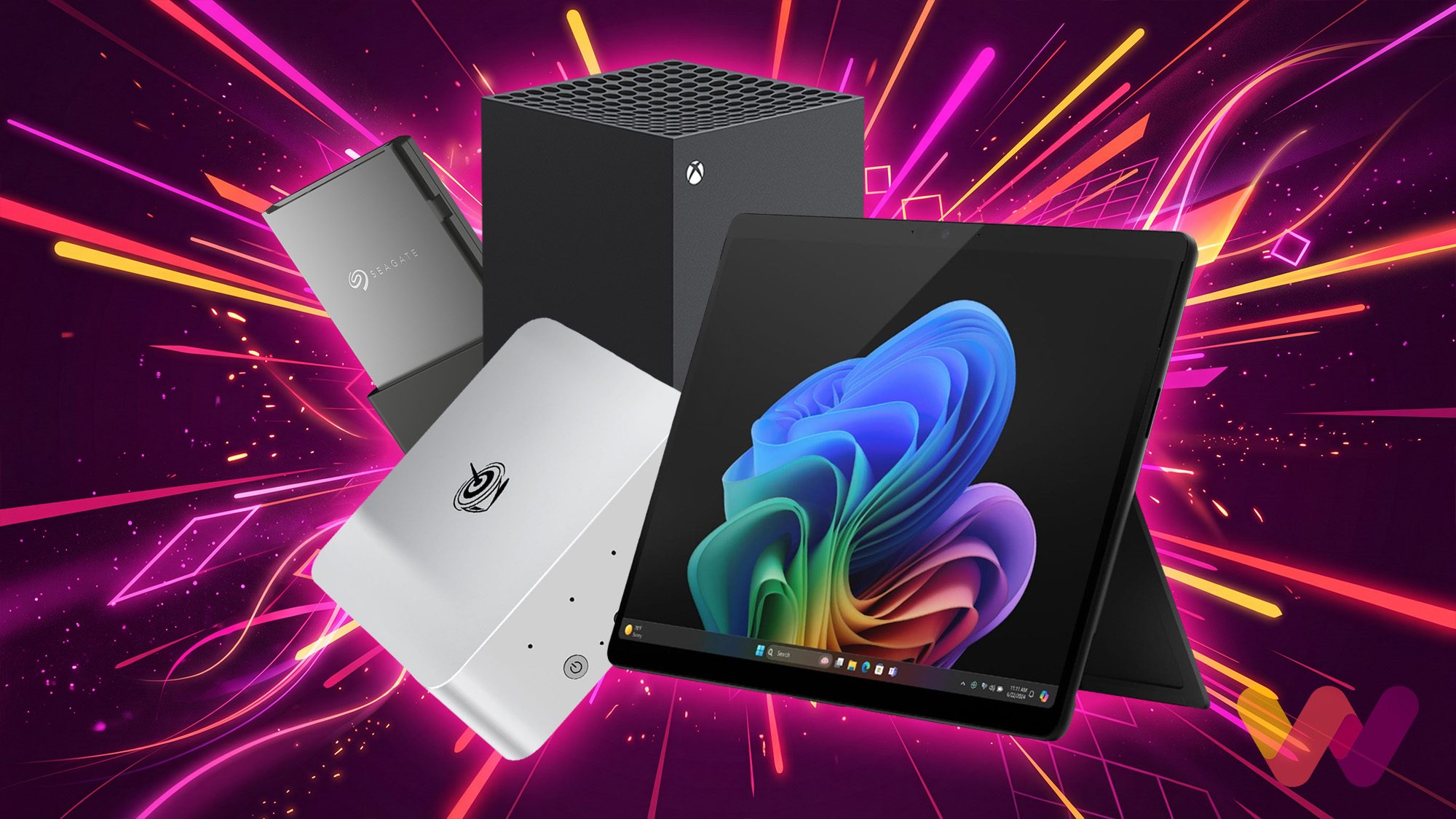 A collection of modern tech, including a Microsoft Surface Pro 11, an Xbox Series X console, and a Beelink mini PC &mdash; arranged against a vibrant background with light streaks