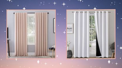 Best bedroom blackout curtains image on pink and purple background with sparkles, one pair of pink curtains in room another pair of white curtains in a room