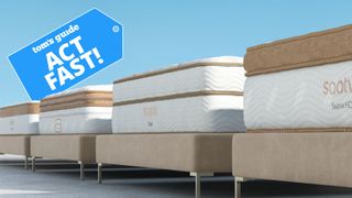 Line of Saatva mattresses with an 'act fast!' flag overlaid