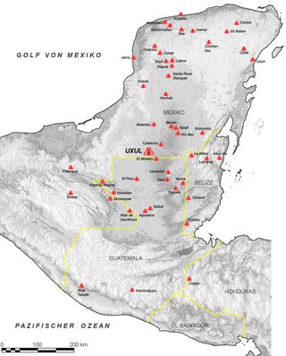 A map of Mayan sites in Mexico, Guatemala and Honduras. Uxul is located in the center.