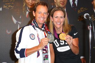 Coach Jim Miller and Kristin Armstrong given the Order of Ikkos medal at the USA House at the Royal College of Art in 2012