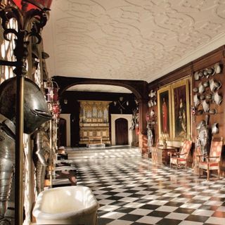 hatfield house with living room and gold-covered ceiling