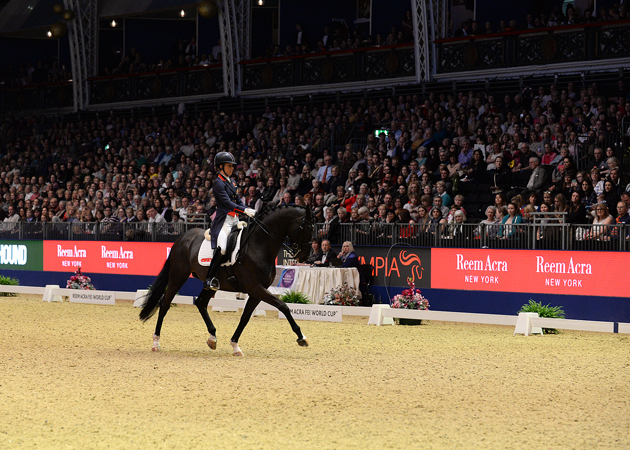 Charlotte Dujardin riding Uthopia during the Reem Acra FEI World Cup Dressage Grand Prix Freestyle at The London International Horse Show 2015 at Olympia, London , UK on 16th December 2015