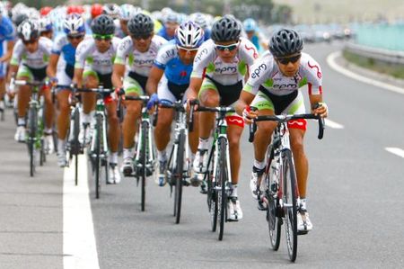 A EPM rider leads the peloton
