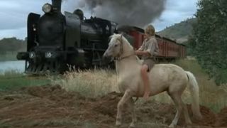 boy on a horse as train approaches