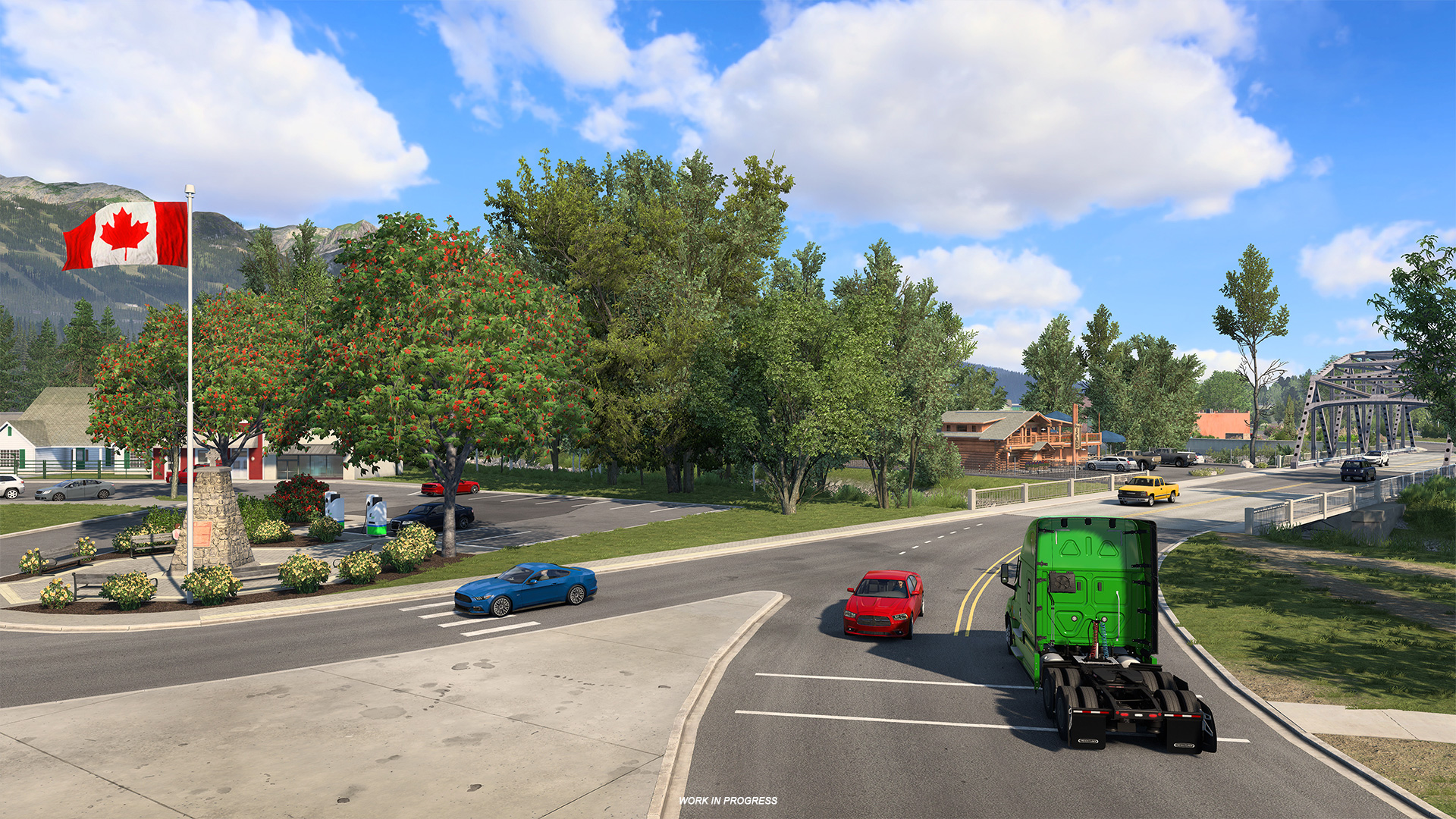 A work-in-progress screenshot of American Truck Simulator's British Columbia DLC showing a green truck driving past a Canadian flag.