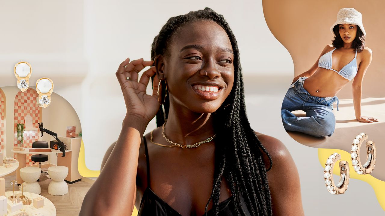 At the center of the graphic a woman with nose piercing is smiling and touching her earrings with her hand. On the left a photo shows a nice-looking piercing parlor shop. On the right a photo shows a woman in denim jeans showing her belly button piercing. One pair of earrings each on both left and right side corners are shown in this graphic.