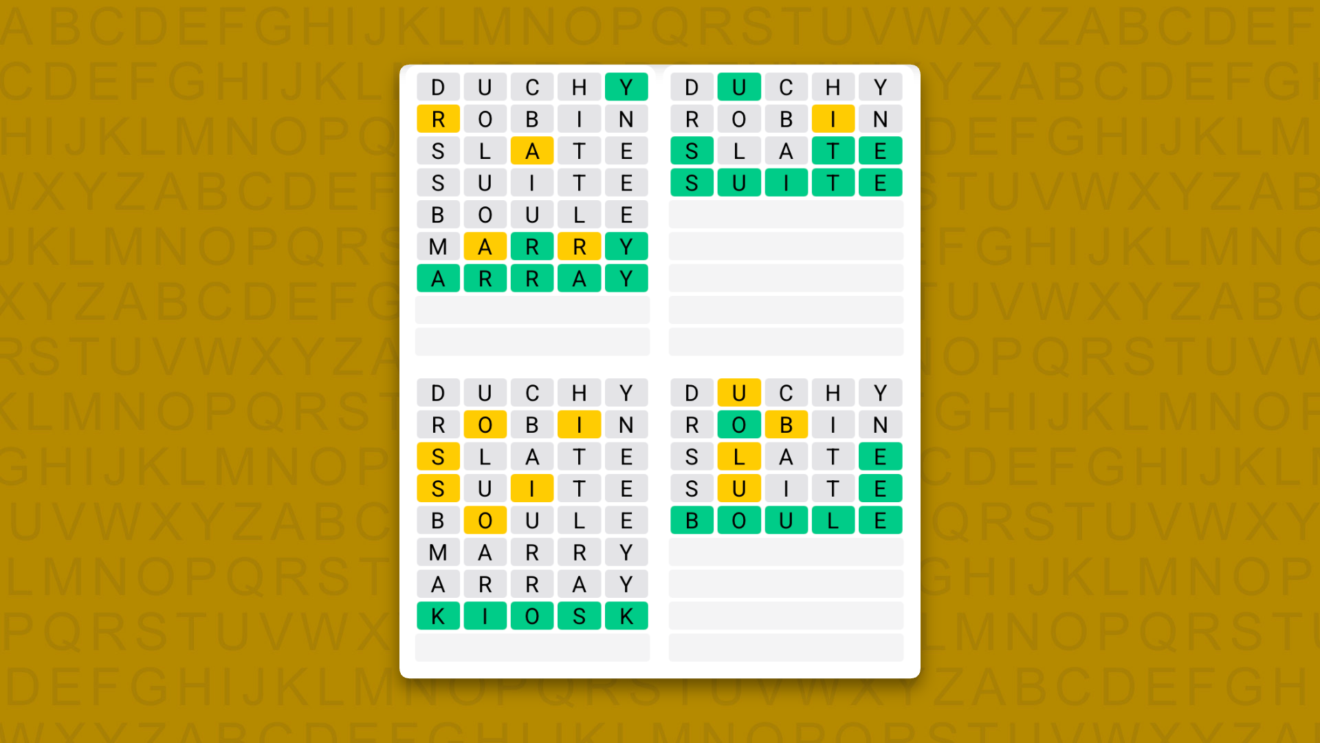 Quordle answers for game 1625 on a yellow background