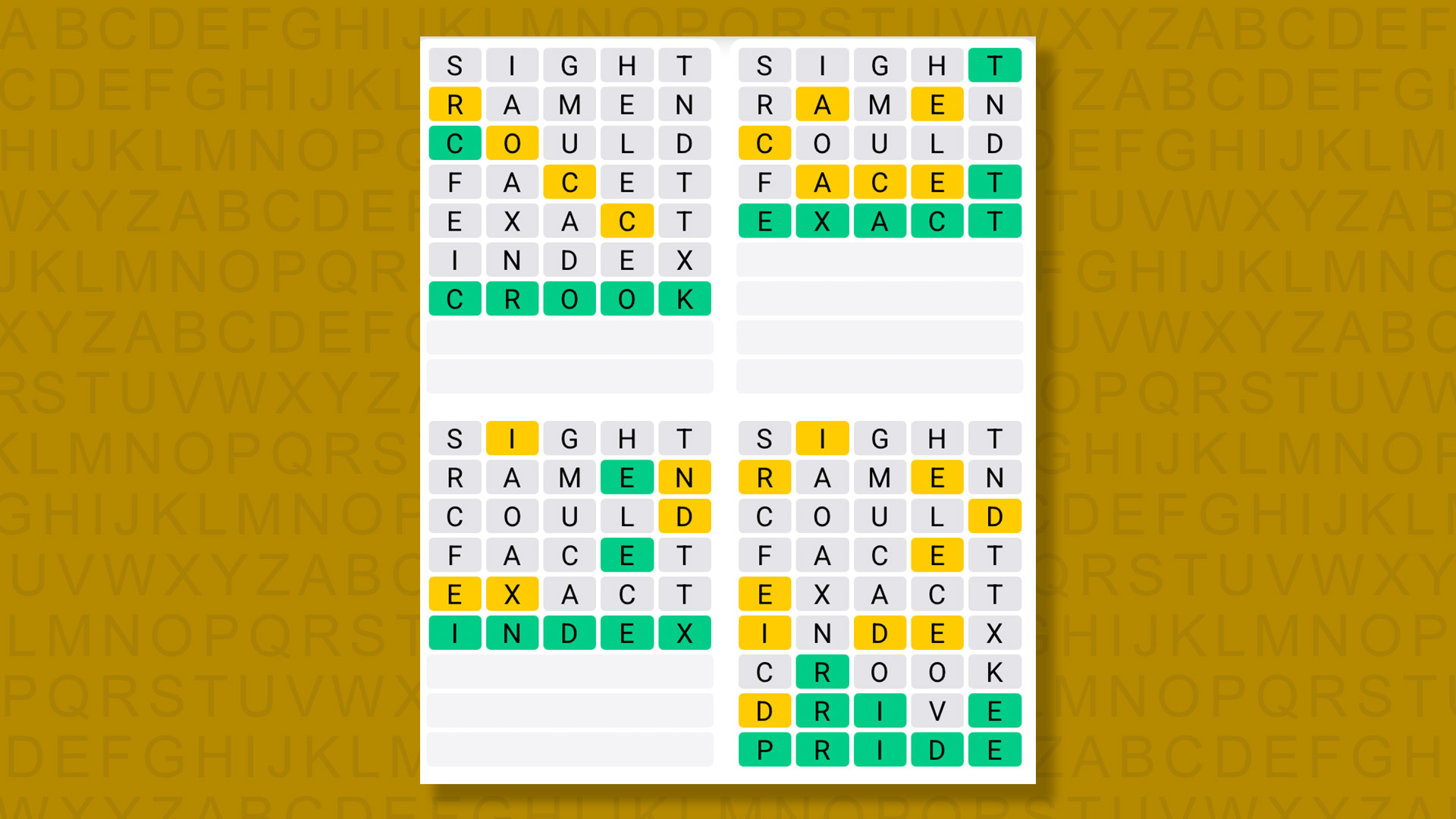 Quordle answers for game 1354 on a yellow background