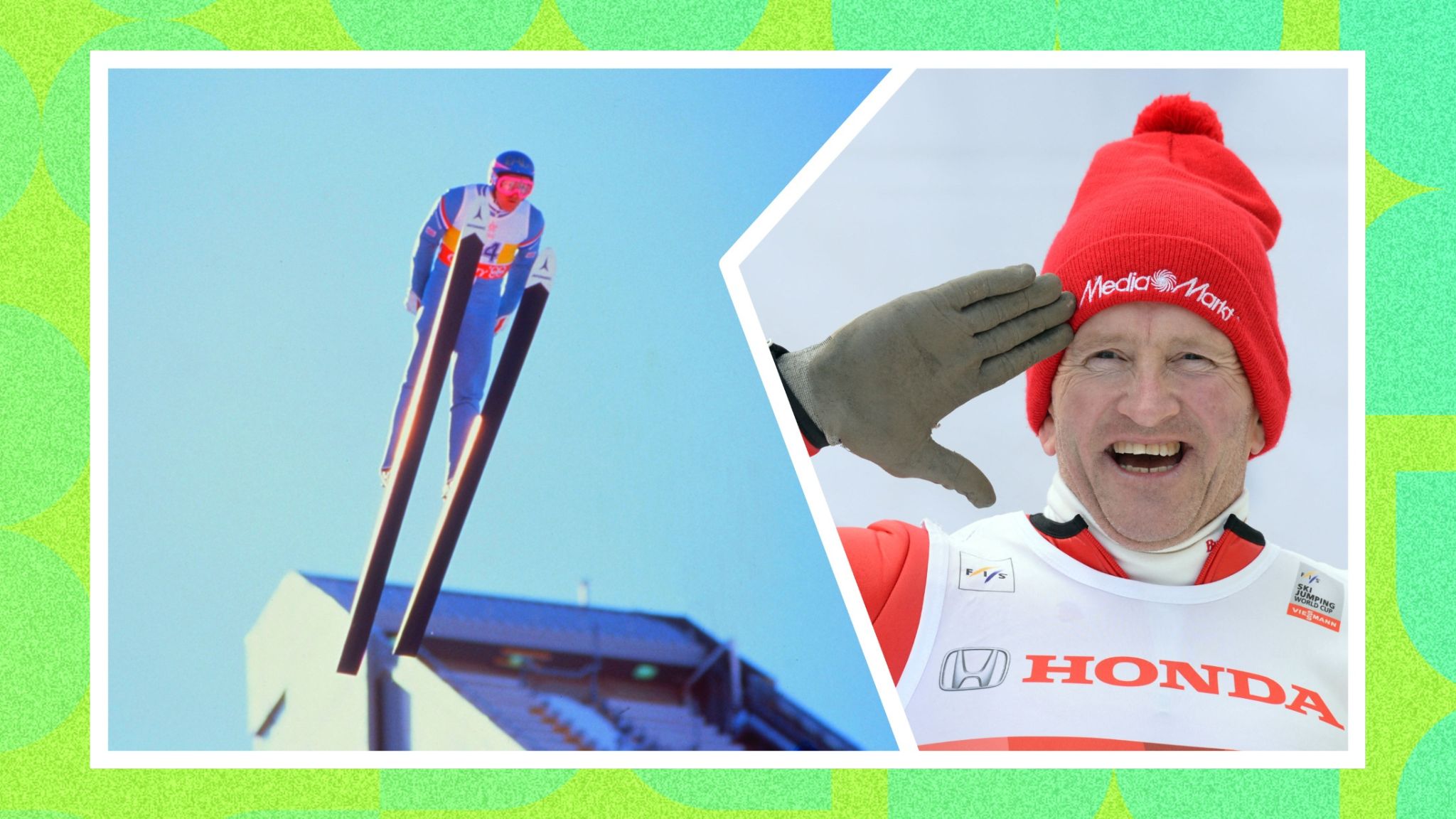 Michael "Eddie the Eagle" Edwards competing in the Men's large hill individual ski jump event at the 1988 Winter Olympics