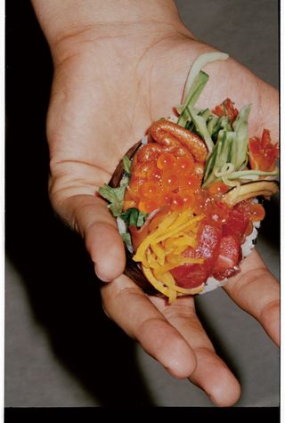 Korean food in hand, image from book on korean culture, make break remix