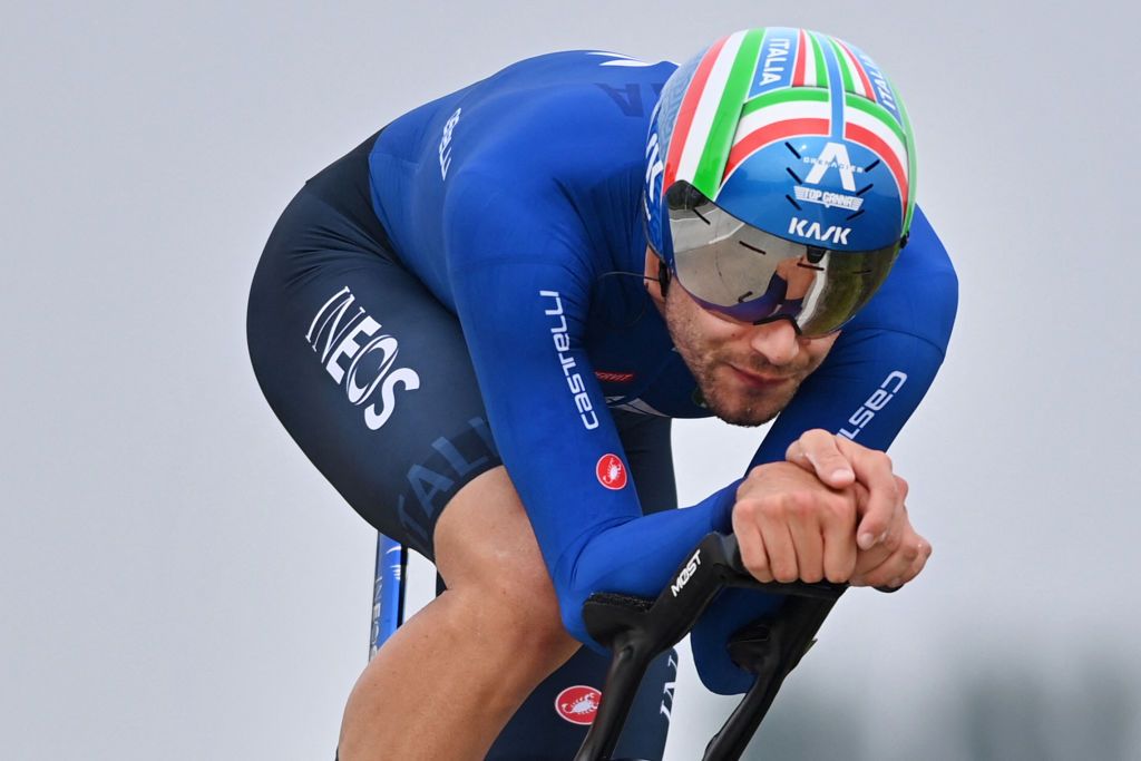 Italian Filippo Ganna of Ineos Grenadiers Team competes in the time trial race from KnokkeHeist to Brugge during the Mens Elite as part of the UCI World Championships Road Cycling Flanders 2021 in Bruges on September 19 2021 UCI World Championships Road Cycling Flanders 2021 takes place from September 19 until September 26 2021 in several cities in the Belgian region of Flanders Belgium OUT Photo by DAVID STOCKMAN BELGA AFP Belgium OUT Photo by DAVID STOCKMANBELGAAFP via Getty Images