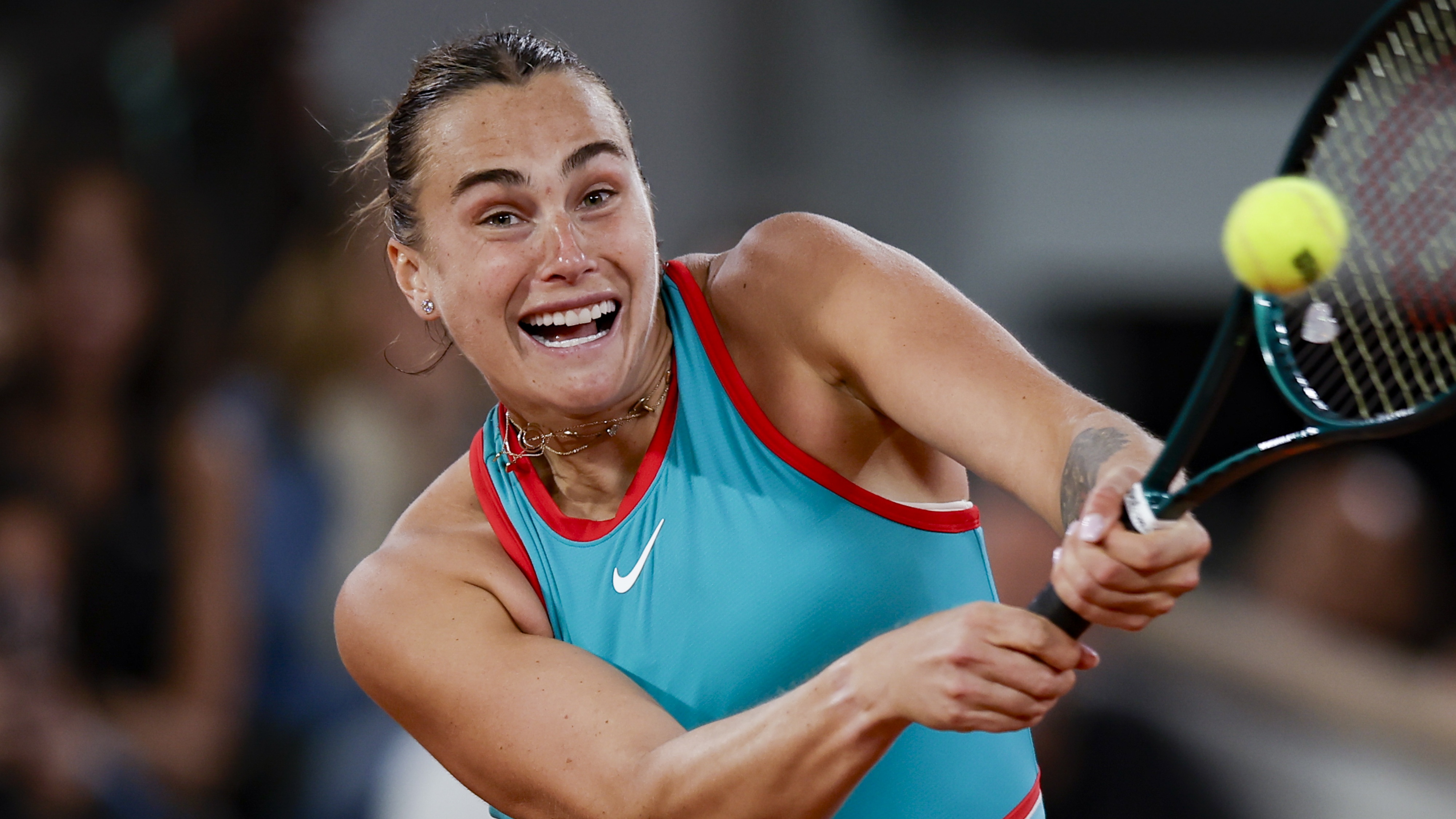 PARIS, FRANCE - JUNE 5: Aryna Sabalenka plays a backhand in the the Women's Singles finals at the 2025 French Open at Roland Garros in Paris, France.