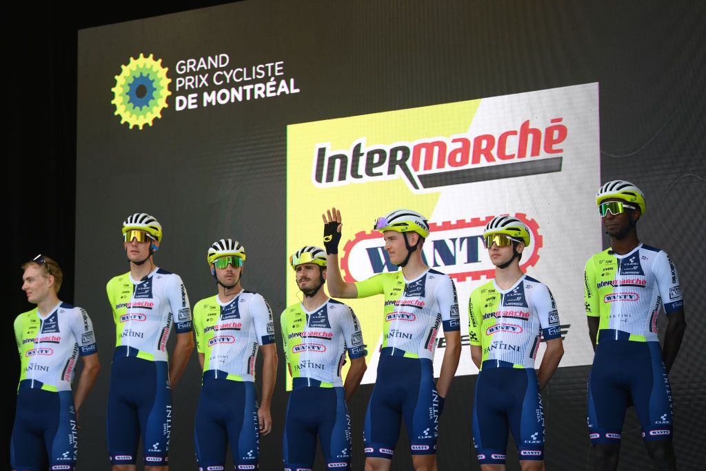 MONTREAL QUEBEC SEPTEMBER 15 Biniam Girmay of Eritrea Francesco Busatto of Italy Alexy Faure Prost of France Lorenzo Rota of Italy Dion Smith of New Zealand Roel Van Sintmaartensdijk of The Netherlands Georg Zimmermann of Germany and Team Intermarche Wanty prior to the 13th Grand Prix Cycliste de Montreal 2024 a 2091km one day race from Montreal to Montreal UCIWT on September 15 2024 in Montreal Quebec Photo by Alex BroadwayGetty Images