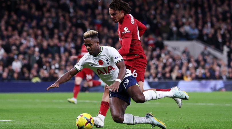 Liverpool&#039;s Trent Alexander-Arnold pushes Tottenham&#039;s Ryan Sessegnon off the ball during the teams&#039; Premier League clash in north London.