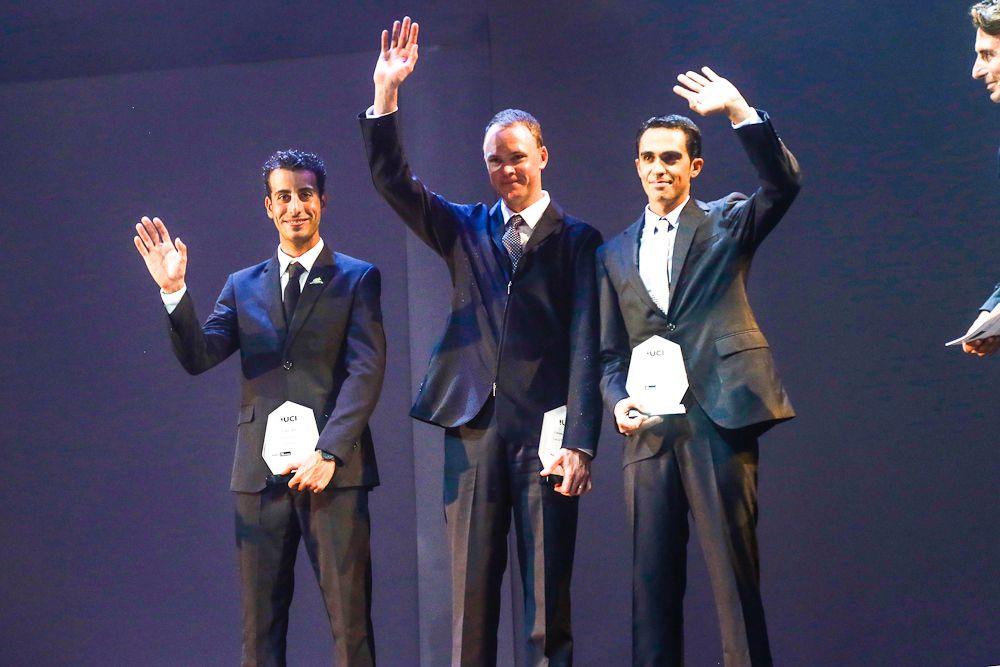 Vuelta winner Fabio Aru, Tour winner Chris Froome and Giro winner Alberto Contador collect their hardware.