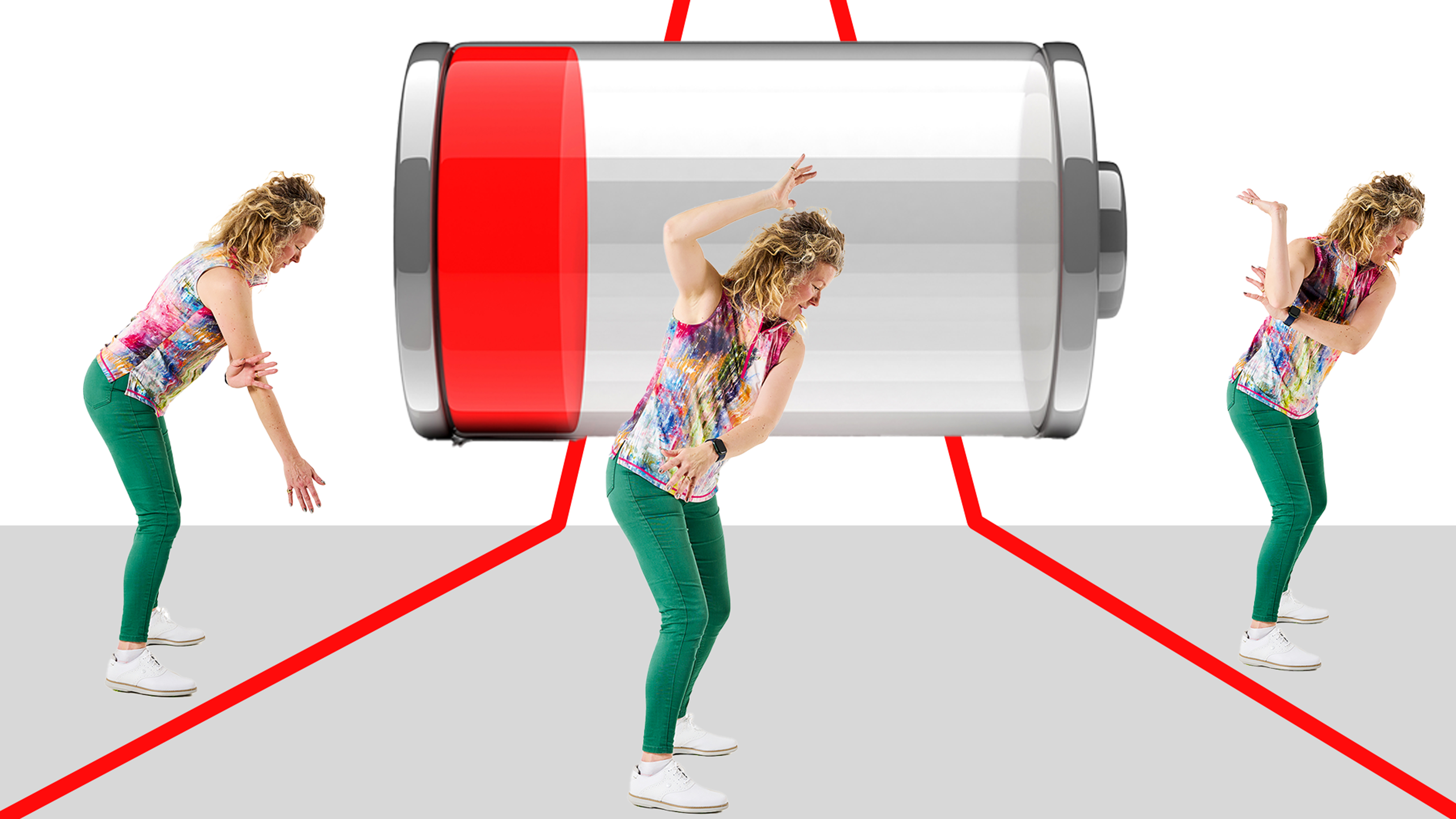 Katie Dawkins demonstrating the flying elbow, a common amateur fault, with two other images of Katie demonstrating the correct drill to fix this issue in front of a depleted power battery to signify the loss of distance that the flying elbow causes