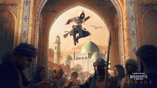 An assassin wearing a hood and wielding a dagger, leaping over a crowd.