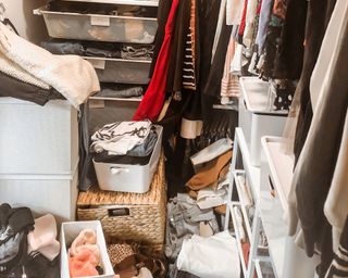 close up photo of a disorganized wardrobe where items have made their way onto the floor