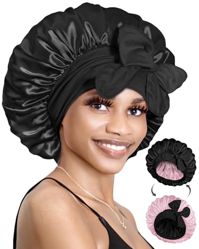 Bonnet Queen Silk Bonnet Reversible for Sleeping for Curly Hair, Double Layer Sided Satin Bonnet for Women & Men, Adjustable Silk Scarf Night Cap With Tie Band, Black & Pink