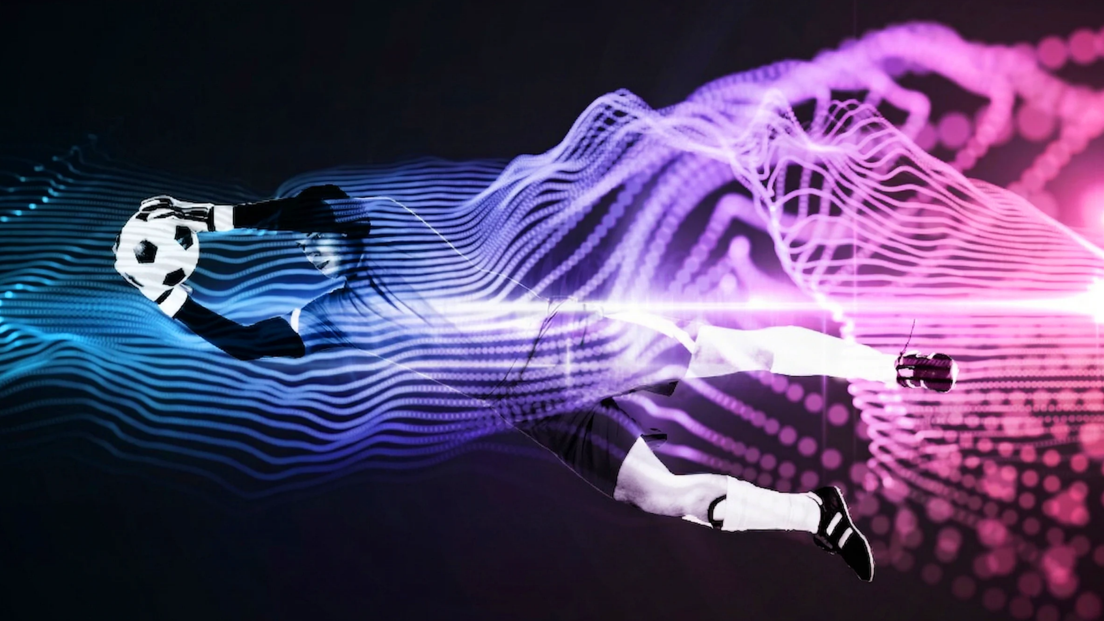 Abstract image of a soccer player flying through a digital net