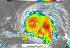 Infrared satellite imagery of Hurricane Dorian as it made landfall as a Category 5 hurricane over three islands in the Bahamas on the morning of Sep. 2, 2019. 