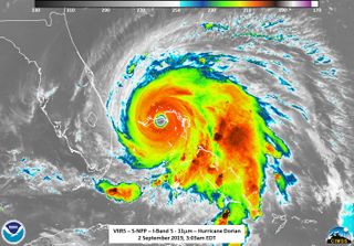 Infrared satellite imagery of Hurricane Dorian as it made landfall as a Category 5 hurricane over three islands in the Bahamas on the morning of Sep. 2, 2019. 