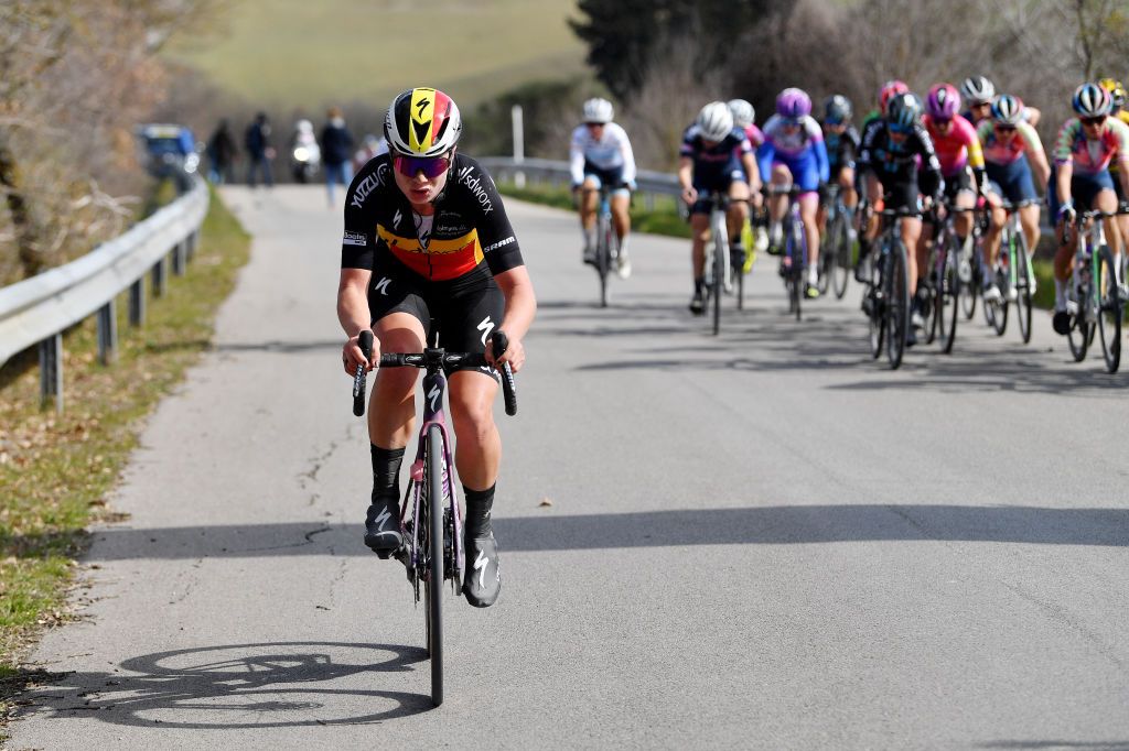 SIENA ITALY MARCH 05 Lotte Kopecky of Belgium and Team SD Worx competes in the breakaway during the Eroica 8th Strade Bianche 2022 Womens Elite a 136km one day race from Siena to Siena Piazza del Campo 321m StradeBianche on March 05 2022 in Siena Italy Photo by Luc ClaessenGetty Images