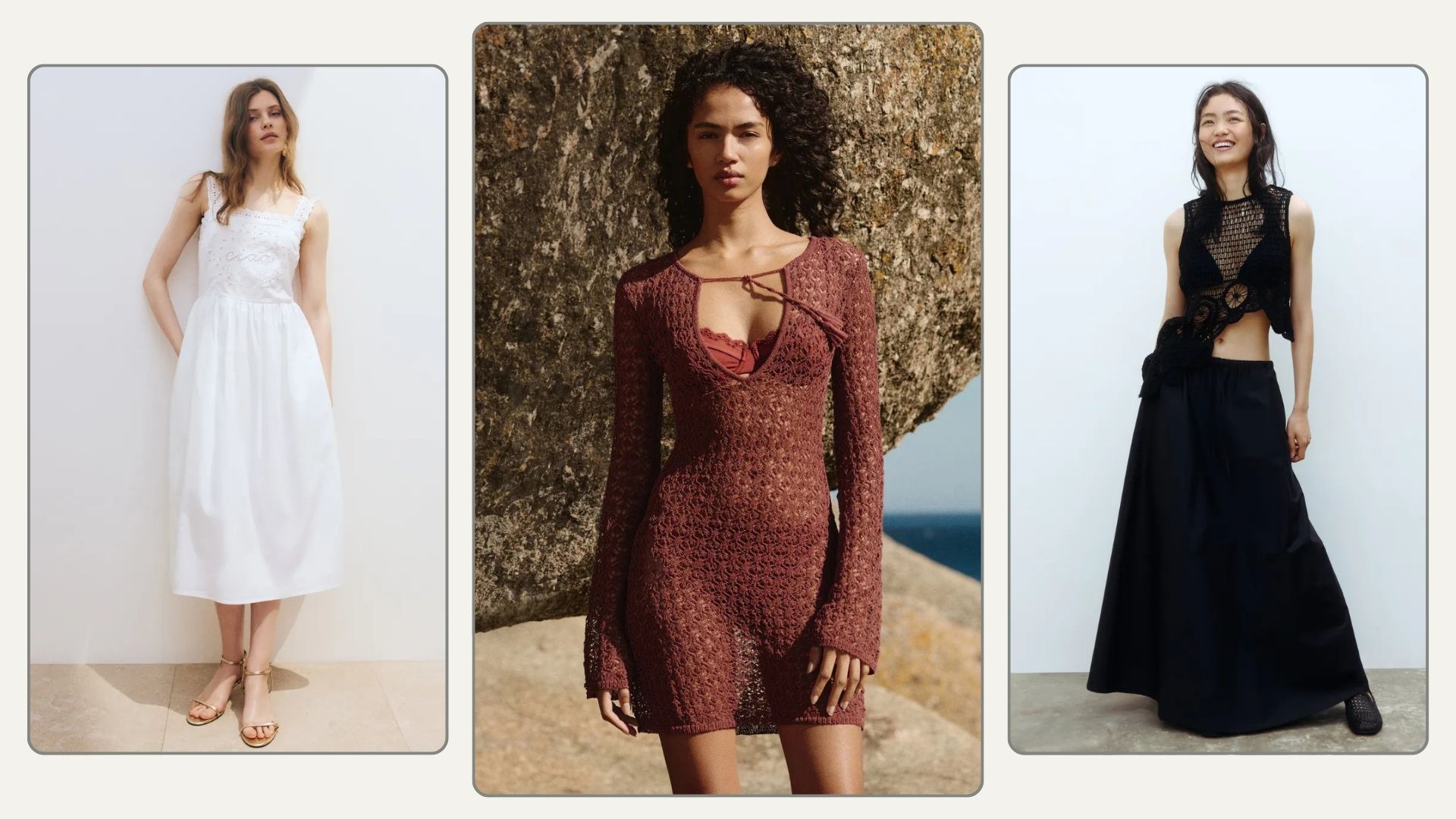 Woman wears white Broderie dress; woman wears crochet dress; woman wears crochet top and black skirt