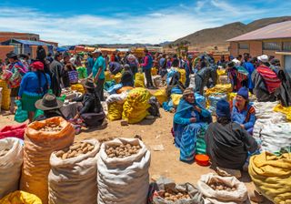 People buying and selling goods at the colourful Sunday market of Tarabuco near Sucre, Bolivia.