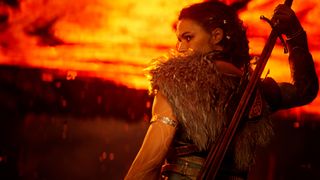 ryn reaching for a sword sheathed on her back as an orange glow consumes all around her