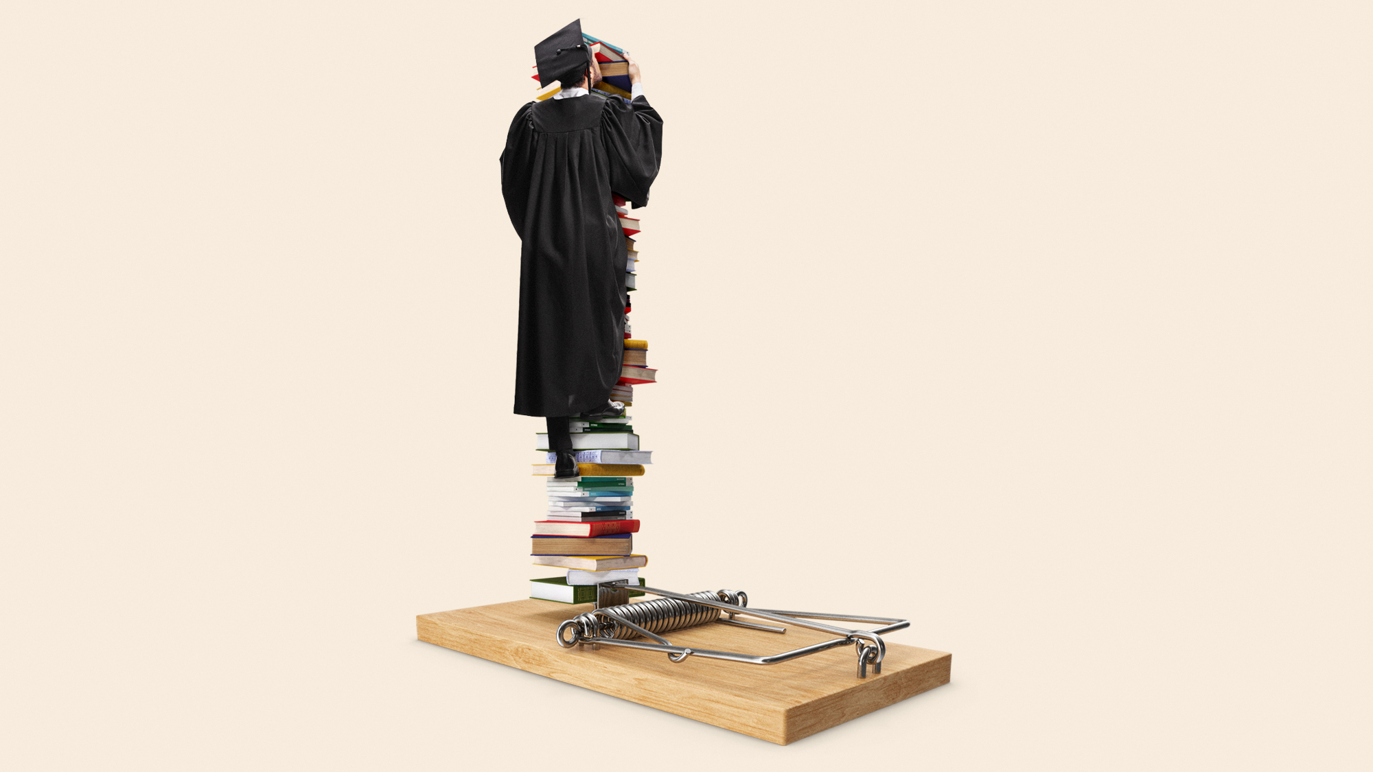 Illustration of a graduate climbing a book stack on top of a mouse trap