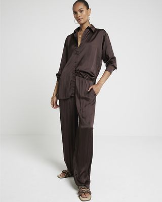 Brown Satin Crinkle Trousers