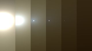 This series of simulated images shows how conditions changed around NASA’s Mars rover Opportunity as a huge dust storm intensified throughout June 2018. At left, the sun appears blindingly bright but darkens as the dust storm intensifies. At the far right, the sun is a mere pinprick, with the dust storm in full swing.
