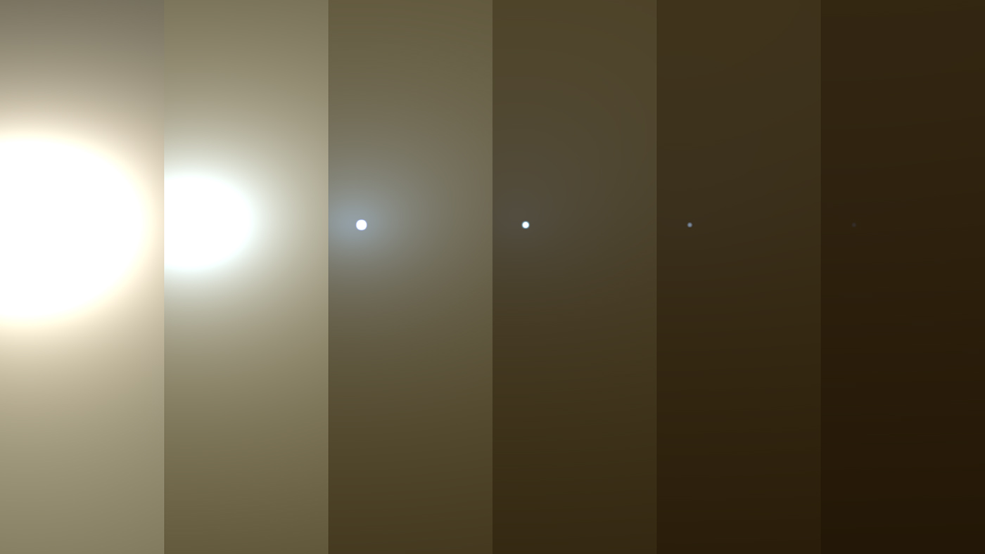 This series of images from NASA&#039;s Opportunity rover on Mars shows the effects of a huge dust storm blotting out the sun on the Red Planet in June 2018. At left, the sun appears blindingly bright, but darkens as the dust storm intensifies. At far right, th