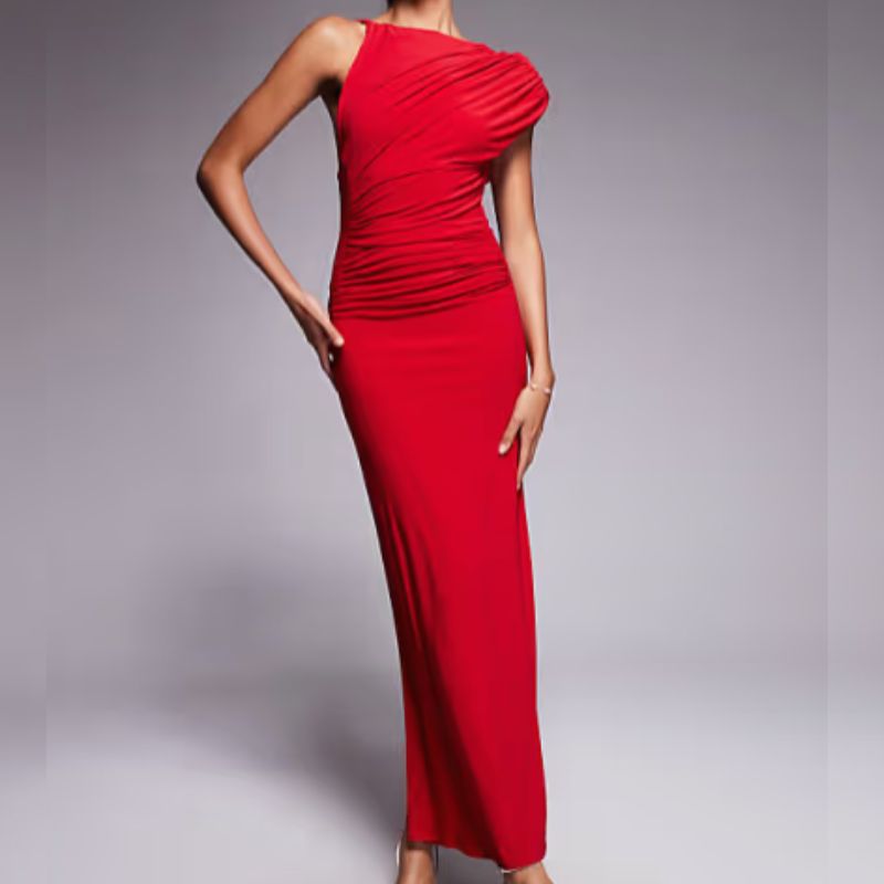 red ruched dress