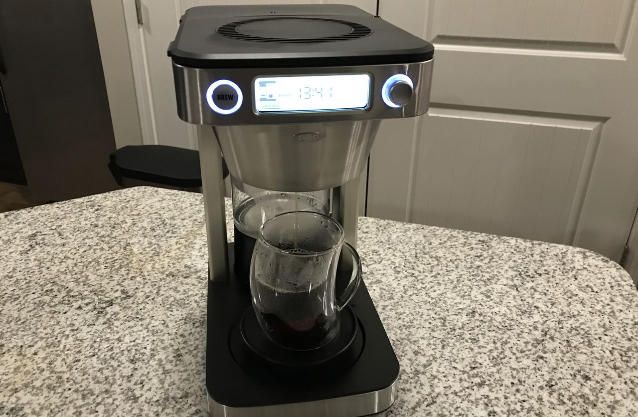 OXO Brew 12 Cup Coffee Maker pouring a coffee during testing